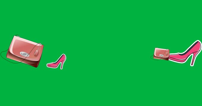 Digital animation of multiple female shoes and handbag icons floating against black background