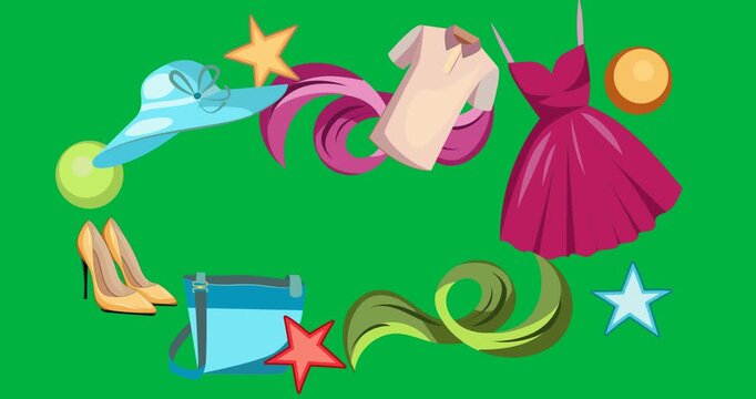 Digital animation of multiple fashion accessories icons against black background