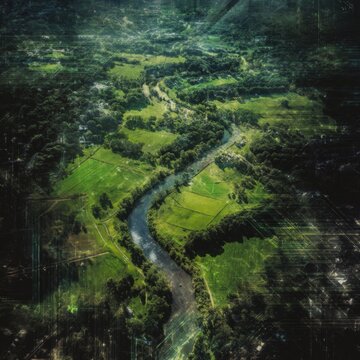 Breathtaking aerial views of nature's serene landscapes and ecosystems. Synthetic consciousness. Intensely detailed aerial view of lush ecosystems and river pathways. Posthuman existence.