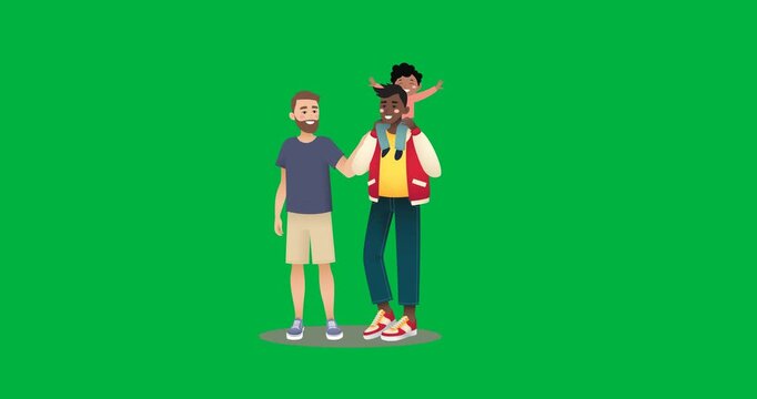 Digital animation of gay couple with their kid against black background