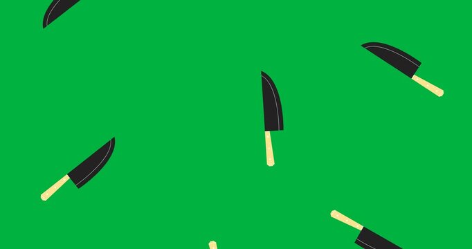 Digital animation of multiple knife icons falling against black background