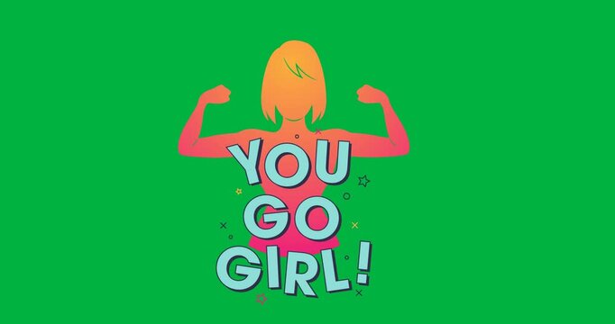 Digital animation of you go girl text over woman flexing her biceps icon against black background