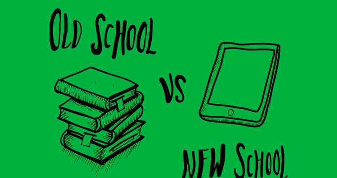 Digital animation of stack of books and digital tablet icon against black background