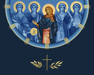 Fototapeta premium Anna the Prophetess and four cardinal points (Archangel Gabriel, Uriel, Raphael and Michael). Illustration in Byzantine style isolated