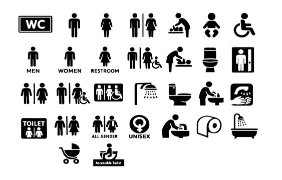 Restroom and Public Toilet Line Icon Set with Washroom Accessibility and Hygiene Symbols