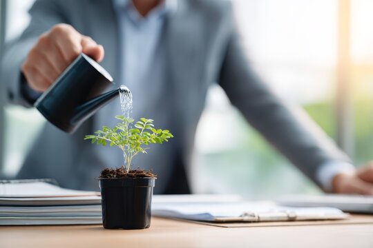 Business executive watering small plant on office desk, growth and leadership concep