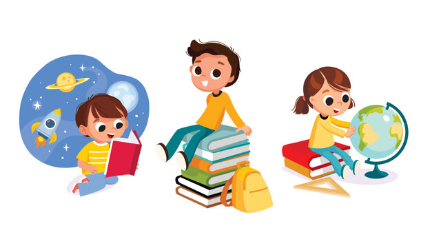 PNerd Geek Brainiac  learning studying a lot. Kids, children who love to read absorbed, lost in their books.  Boy sitting on piles of books. Little girl looking at the globe. Scholar  freshman  sorint