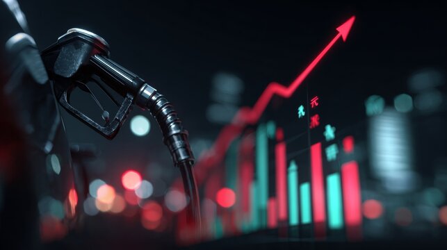 Symbolic illustration of escalating gas rates. Profit potential. A shift in perception: fuel nozzle and arrow reflection. Investment charts. Stock movement.