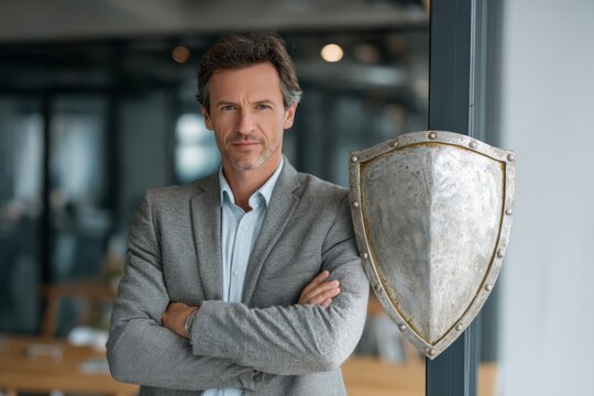 Business executive with a shield, serious expression, modern office environment