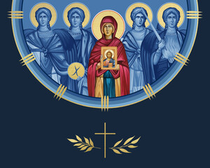 Fototapeta premium Saint Parascheva of the Balkans and four cardinal points (Archangel Gabriel, Uriel, Raphael and Michael). Illustration in Byzantine style isolated