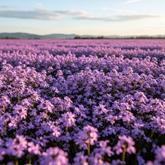 Fototapeta premium Vibrant field of purple wildflowers stretching to the horizon under a serene sky.
