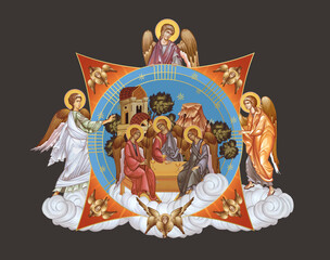 Fototapeta premium Trinitian. Holy trinity. Illustration in Byzantine style with angels and seraphim