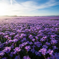 Obraz premium Vibrant field of purple flowers under a bright sky.