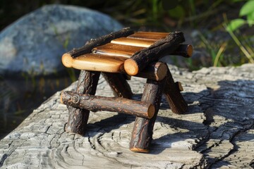 Fototapeta premium Miniature rustic wooden bench crafted from twigs and branches, showcasing craftsmanship and nature inspired design