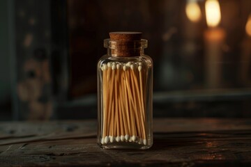 Obraz premium Long matches with white tips are stored in a glass jar with a cork lid, sitting on a rustic wooden table