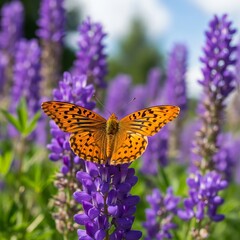 Naklejka premium Monarch butterfly gracefully perched on vibrant purple lupine flowers.