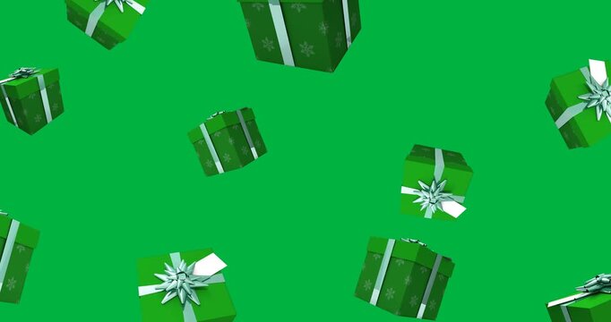 Digital animation of multiple green christmas gift box icons falling against black background