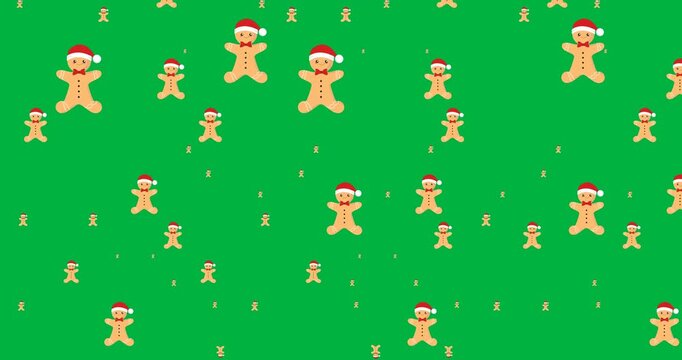 Multiple gingerbread wearing a santa hat icons falling in seamless pattern against black background
