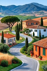 Fototapeta premium Winding road through Tuscan countryside with villas, cypress trees and rolling green hills