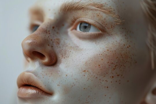 Detailed close up of a face with freckles, highlighting skin texture, nose, lips, and an eye, with light subtly reflecting the skin pores