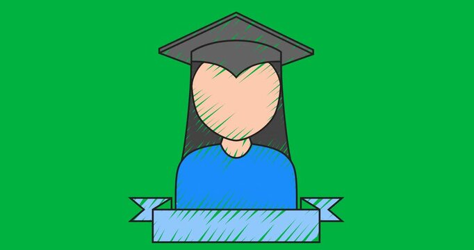 Digital animation of girl wearing graduation cap icons with copy space against black background