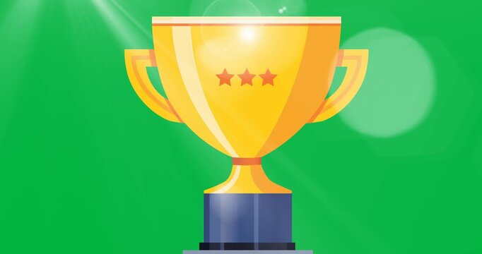 Digital animation of golden trophy icon against light spot on black background