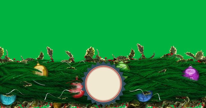Round banner with copy space over decorated green tree branch against black background