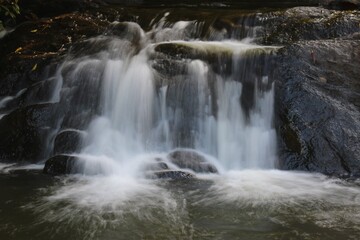 Fototapeta premium Beautiful tropical waterfall flowing over dark rocks into calm pool with silky smooth long exposure water creating peaceful natural forest landscape.