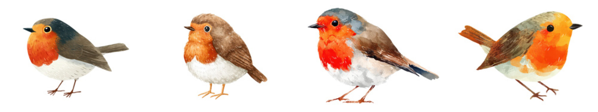 Watercolor robin bird set with red breast songbirds, hand painted woodland wildlife illustration isolated on white