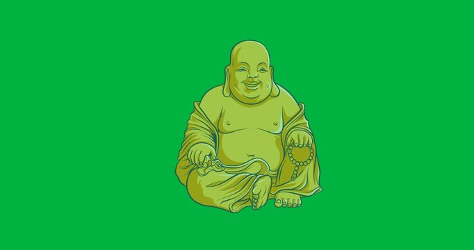 Digital animation of golden laughing buddha icon against black background