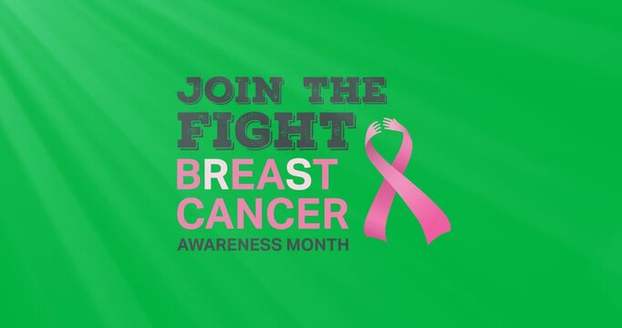 Digital animation of join the fight text banner with pink ribbon icon against black background