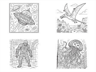 Fantasy creatures, coloring book illustrations, monster drawings, space and sea animals © MDMANIK
