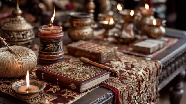 Mystical Still Life of Antique Sacred Text and Lit Candles on Red Embroidered Fabric