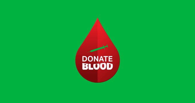 Digital animation of donate blood text and syringe over blood drop icon against black background