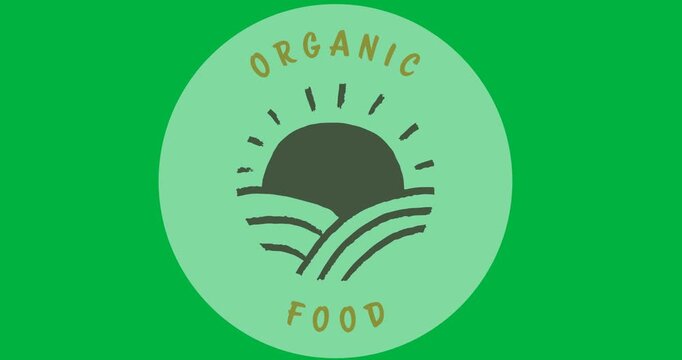 Digital animation of organic food text over a grey round banner on black background
