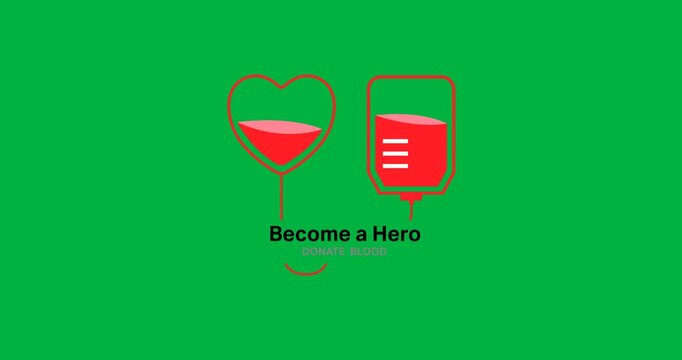 Donate blood text banner and blood bag and heart icon against black background