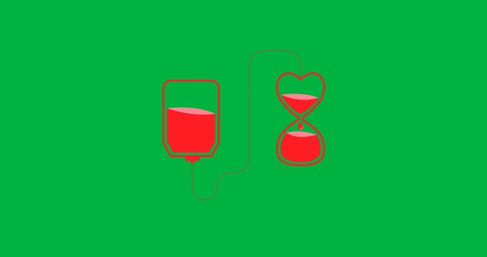 Donate blood text banner and blood bag and hour glass icon against black background