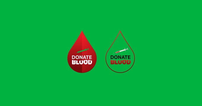 Donate blood text and syringe over a blood drop icon against black background