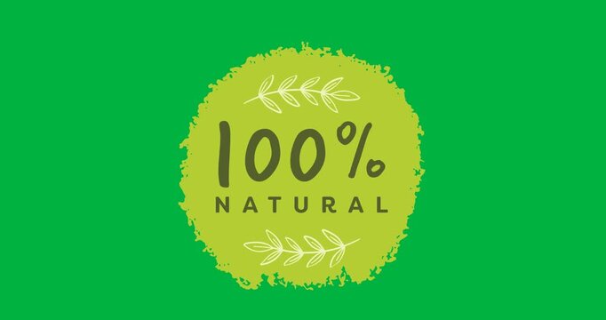 Digital animation of 100 percent natural with leaves icon against black background