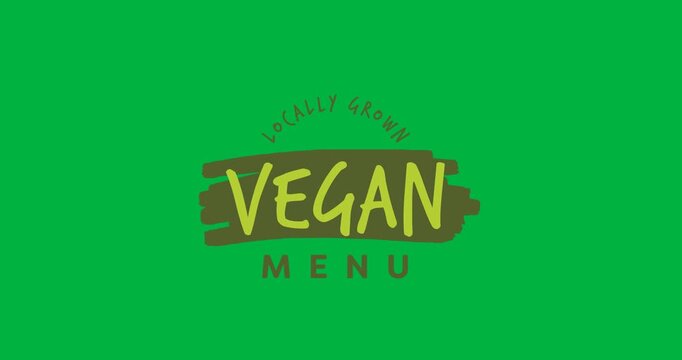 Digital animation of locally grown vegan menu text banner against black background