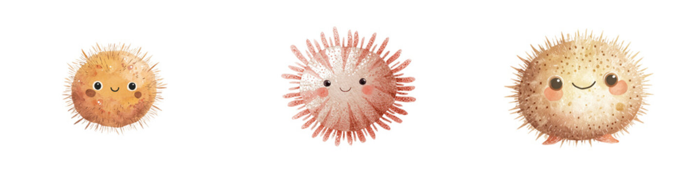 Watercolor illustration set of cute sea urchins with smiling faces, hand painted round spiky marine animals in soft pastel tones isolated on white background