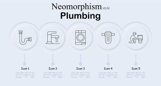 Plumbing set icon. Neomorphic circular interface line icons with pipe siphon curve, water faucet tap flow, washing machine appliance, pipe filter valve, plumber repairing toilet.
