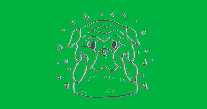 Digital animation of puppy dog touching his face icon against black background