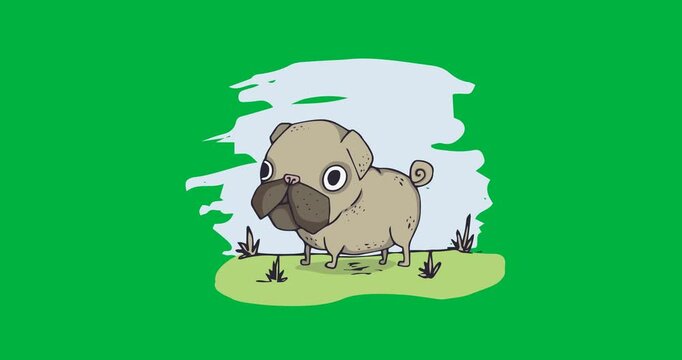Digital animation of puppy dog on a grass icon against black background