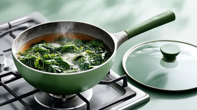 Green saucepan with boiling spinach on a gas stove, steam rising, lid placed beside, modern kitchen setting with minimalist design and soft lighting