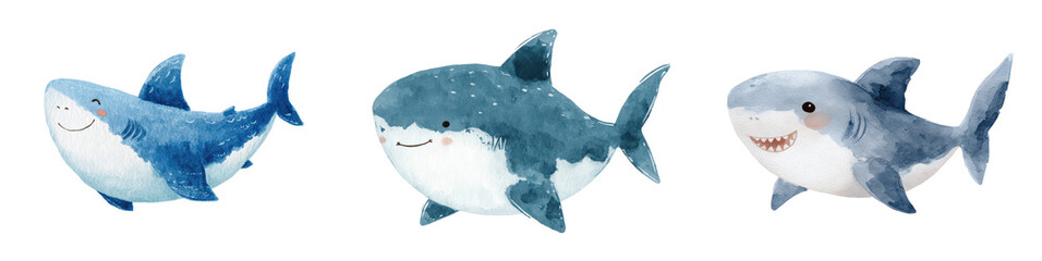 Fototapeta na wymiar Set of three cute watercolor shark illustrations