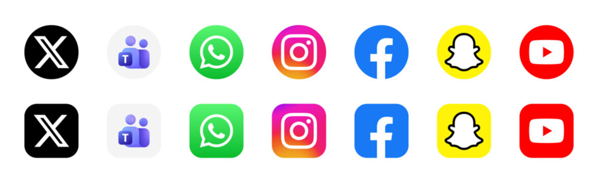 Facebook, Twitter, Instagram, Youtube, Teams, Snapchat, Whatsapp Social media logotype collection. Vector illustration