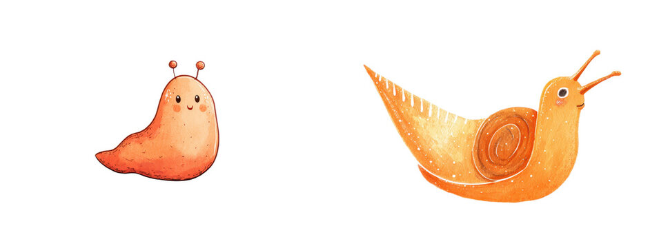 Cute watercolor snail and slug characters in warm orange tones, hand painted cartoon garden mollusks with smiling faces isolated for kids design, nursery decor and playful illustrations