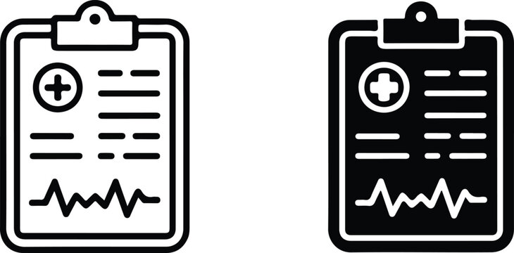 Minimalist medical clipboard icon set featuring healthcare document symbols with cross mark text lines and heartbeat waveform design