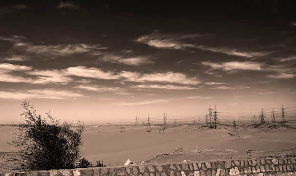 High voltage electricity tower in the desert, Egypt